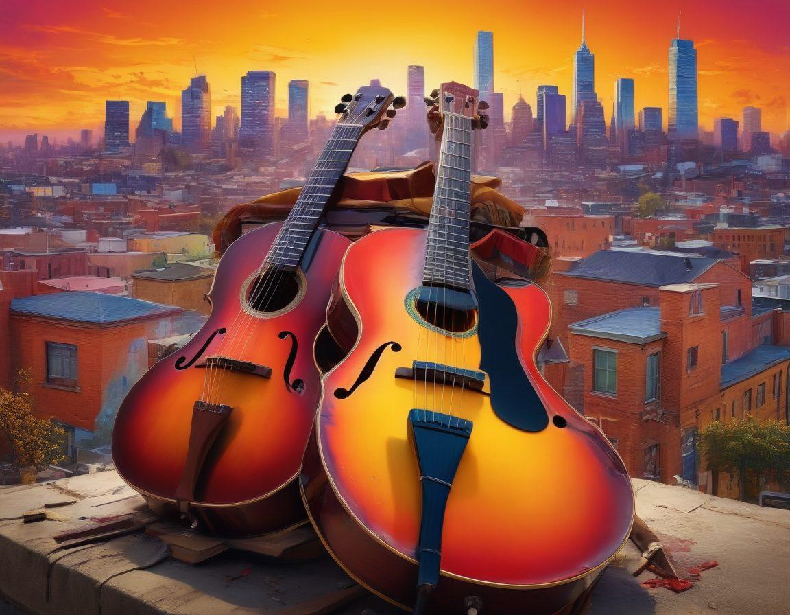 An intricate scene depicting diverse couples connecting through music, with instruments like guitars, violins, and pianos scattered around. Soft notes visually representing sound waves intertwine around them, symbolizing the emotions and bonds they share. The background features a vibrant cityscape, celebrating cultural diversity with colorful street art. The image should evoke warmth, love, and connection through music. super-realistic. vibrant colors. soft lighting.